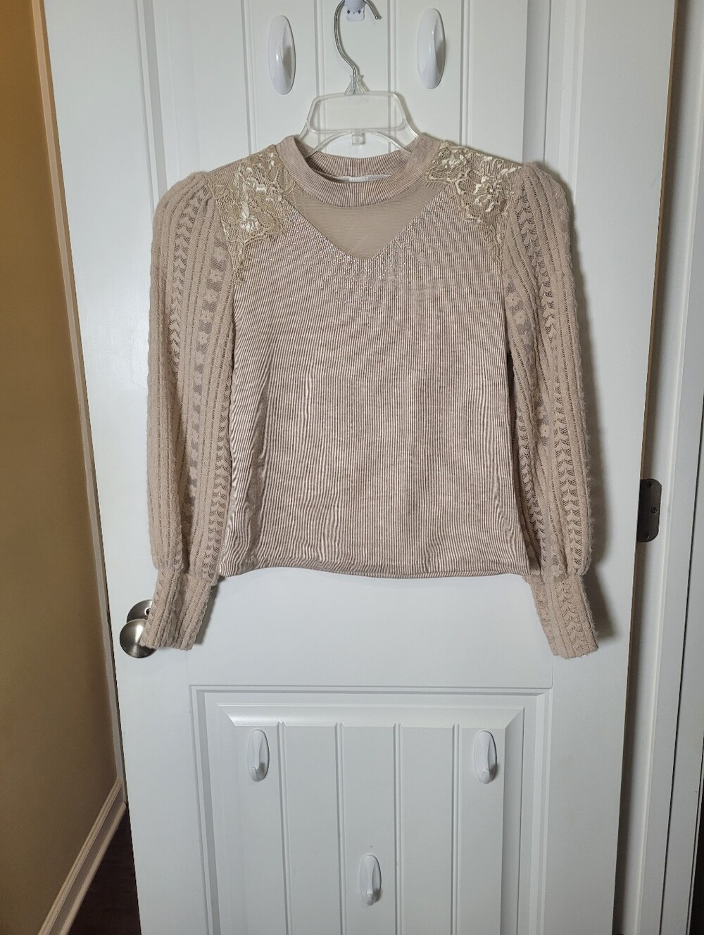 Beige Lace-Detail Knit Sweater - Women's